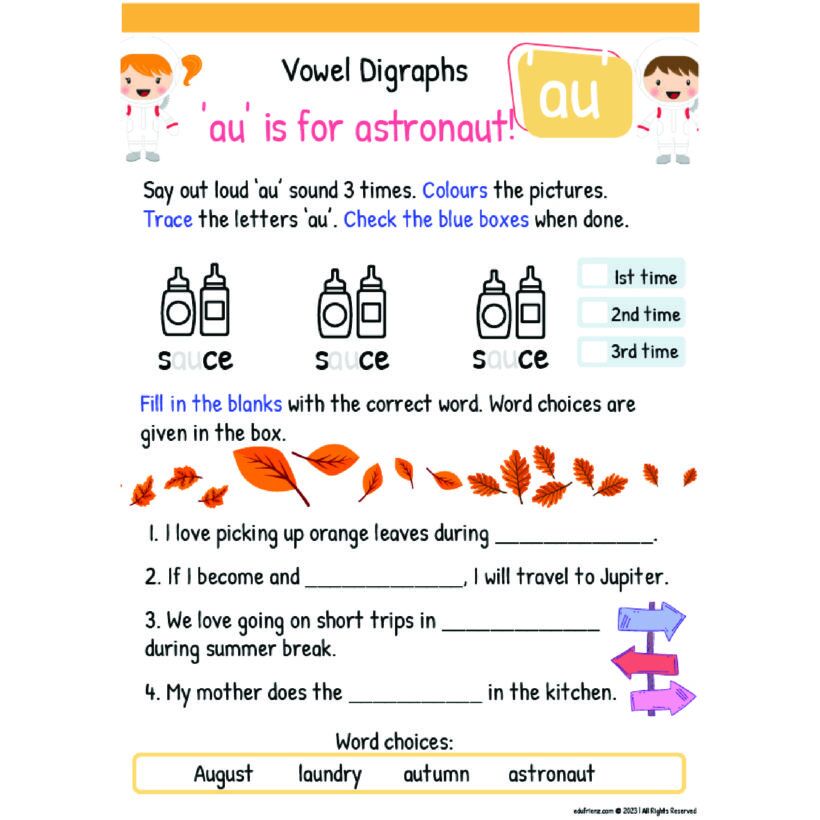 Learning Vowel Digraphs Worksheet – Digital Printable 3 Vowel Digraphs 3 1